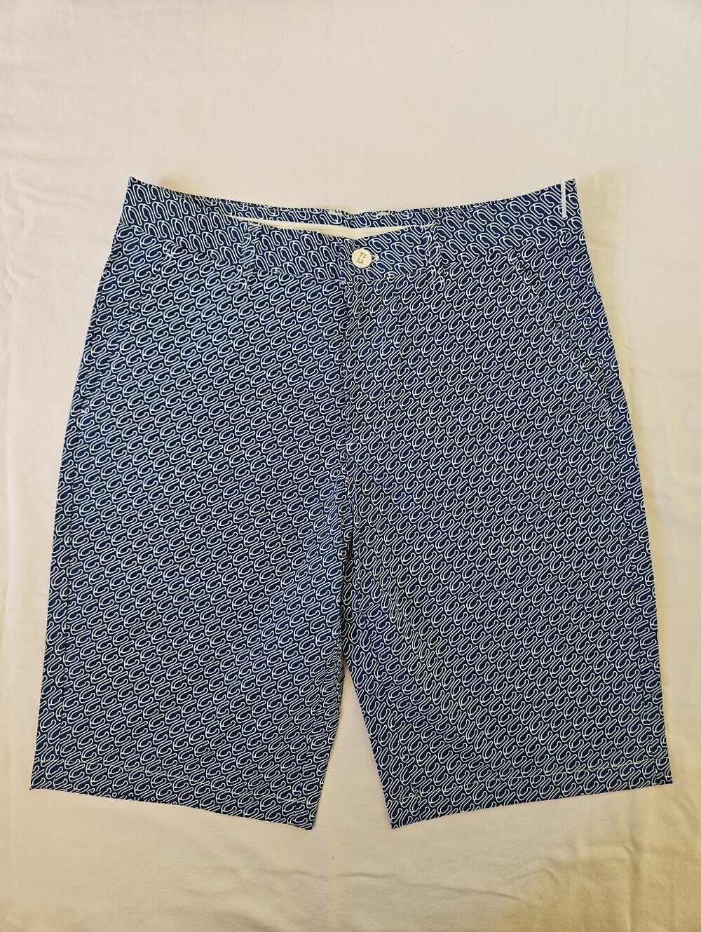 Men's Blue Patterned Flat Front Golf Shorts, Silicone Band, Snover NIB 30" Waist